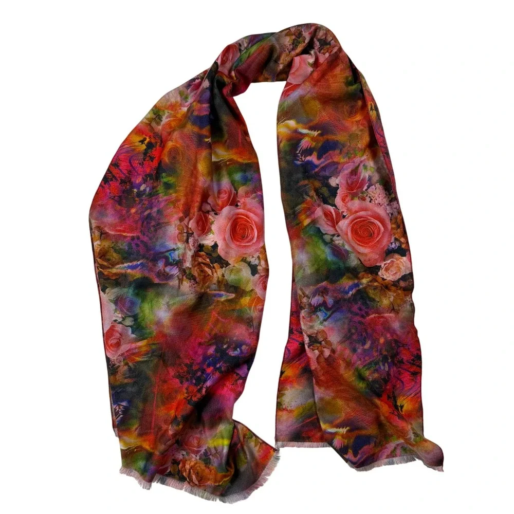 Artsy Psychedelic Floral Women Scarf Wrap Multicolor Silk Wool Acrylic Blend